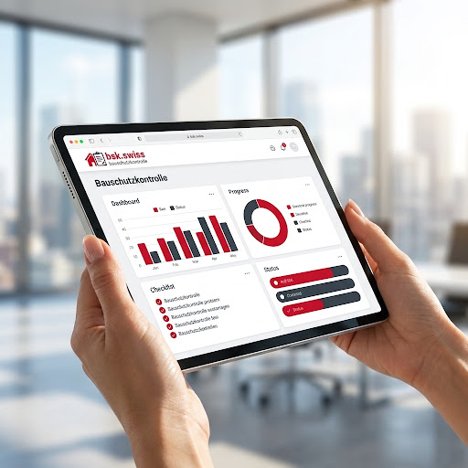 Digitale Baukontrolle: Dashboard auf einem Tablet in einer modernen Büroumgebung.